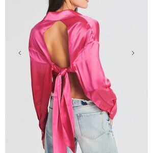 Ser.O.Ya Mel Revolve Top Satin Hot Pink Sz Small Womens Long Sleeve Button Front